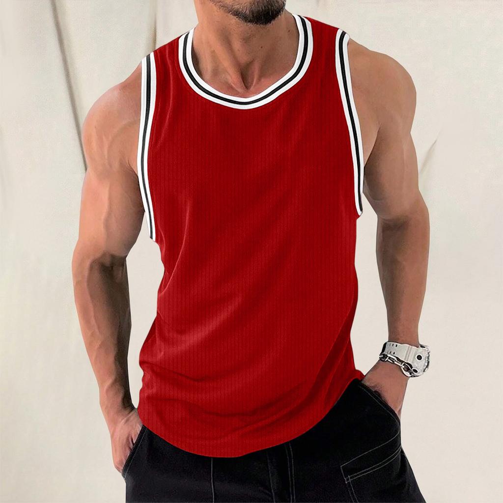 Men's Knit Vertical Stripes Fitness Exercise Slim-fit I-block Color Vest