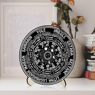 Kalender Pendeltafel Set, Runde Diagrammmatte Sonne Mond Altarzubehör Kartenständer Holzgravur