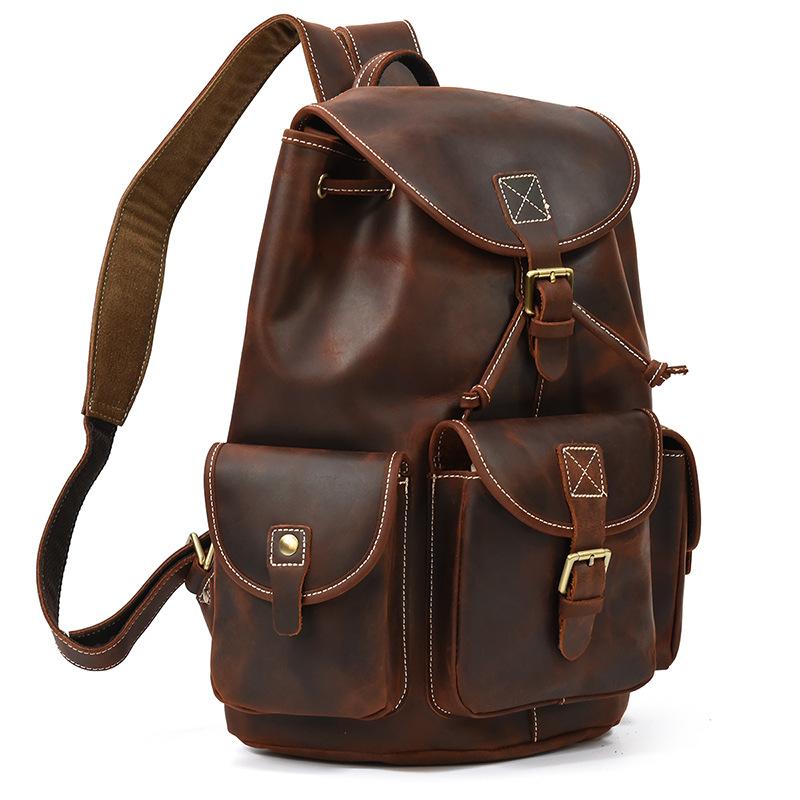 Leather Backpack Large Capacity Men'S Retro Mad Horse Leather Travel Bag Student Schoolbag Can Hold 15 Inch Backpack