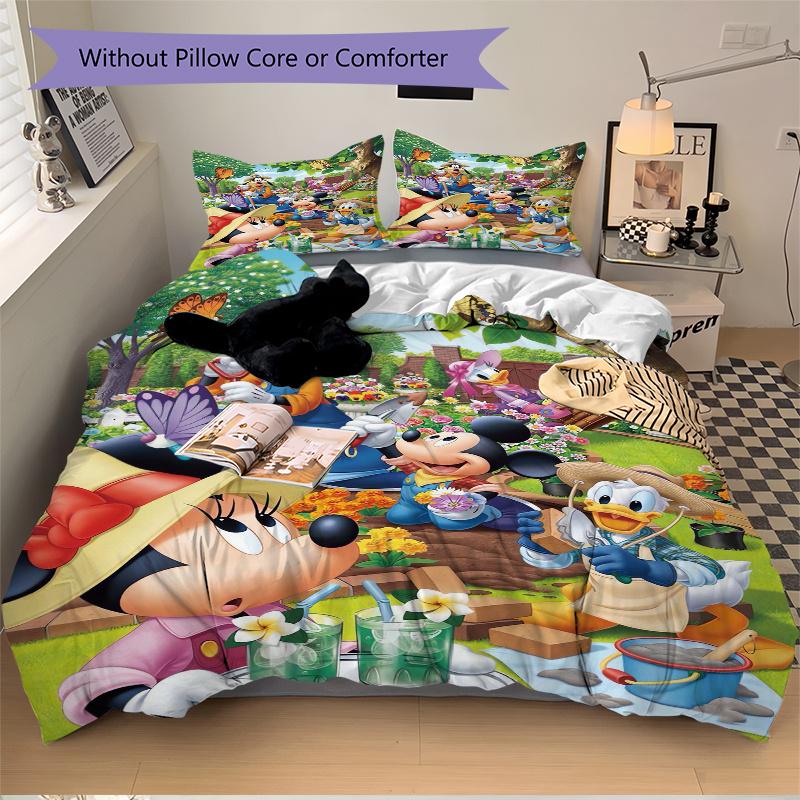 3pcs Garden Minnie Mickey Printed Quilt Set Soft and Comfortable Quilt Cover for Bedroom, Guest Room S047