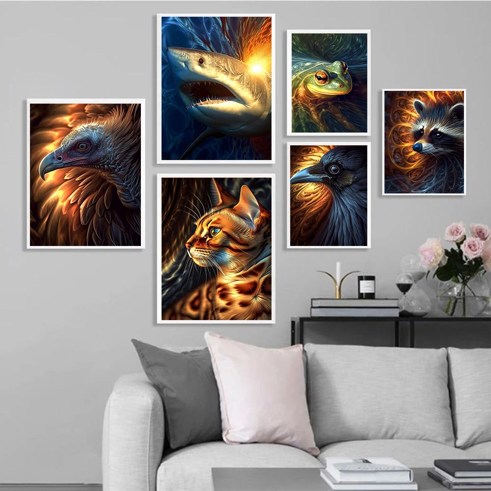 Golden Glowing Animal On Black Background Prints Poster Canvas Painting Modern Wall Art Pictures Living Room Bedroom Home Decor