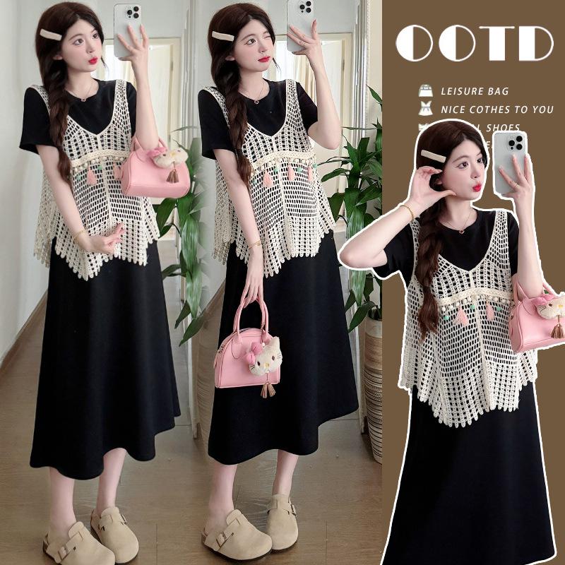 

Summer Maternity Tassel Hollow Vest & Layered T-Shirt Dress Set XXL