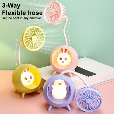 Desk Lamp Small Fan with Adjustable Bendable Pole Stable Base Quiet Motor Cartoon Chick Rabbit Design Dorm Room Fan Light