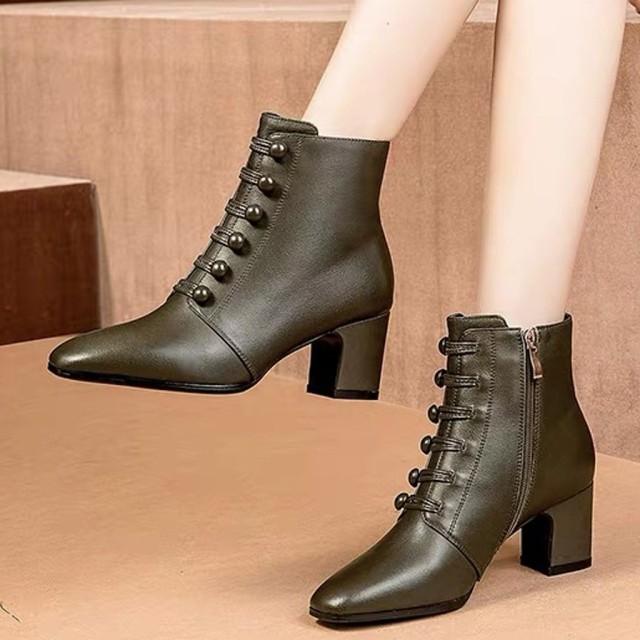 England Style Ankle Boots Women Leather Short Boot Button Spring Lady Elegant Evening Party High Heel Shoes Pointed Toe Botas