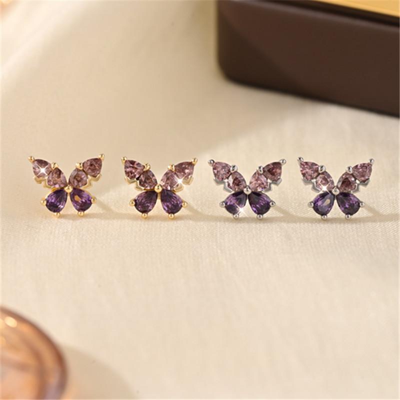 9925 Sterling Silver Exquisite Purple Zircon Butterfly Earrings for Women French Romantic Wedding Accessories Gift
