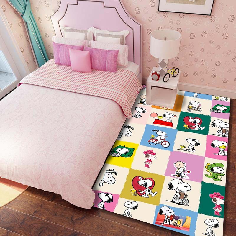 Cute Snoopy print decorative rug, perfect for home, bedroom, bedside, or office use, including swivel chairs.