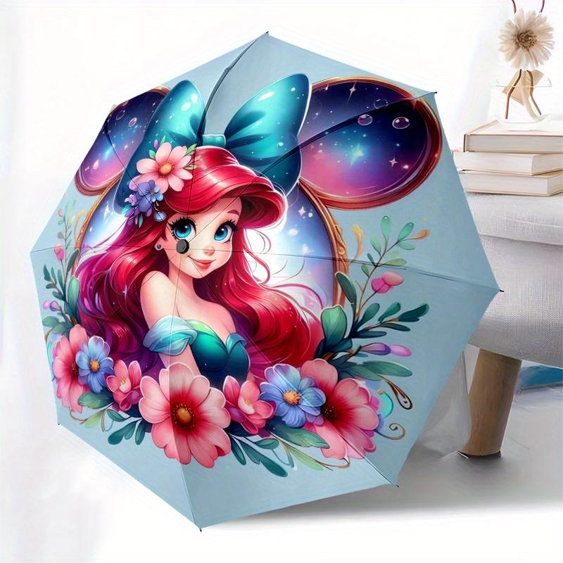 Disney Ariel,Floral,Fantasy Manual Opening and Closing Umbrella, 8-Rib Reinforced Folding Design, Lightweight