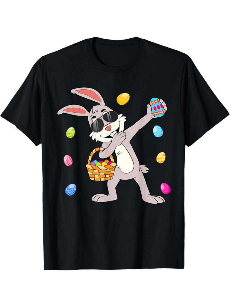 Dabbing Easter Bunny With Sunglasses Holding Basket Graphic T-Shirt Casual Round Neck Tee for Boys Girls