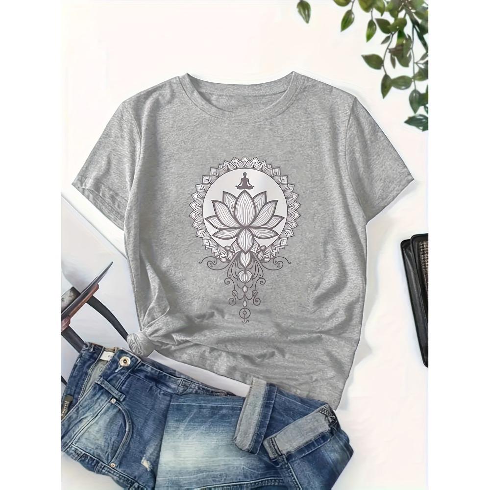 Breathable Women's Mandala T-Shirt Crew Neck Micro Fit White with Intricate Black for Lotus Design Harajuku Short Sleeve