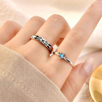 1 Coppia Zircone Blu Rame Bianco Placcato Platino Anello Aperto Sovrapposto per Coppia Uomo Donna Regalo di Fidanzamento Gioielli per Dita Ingrosso
