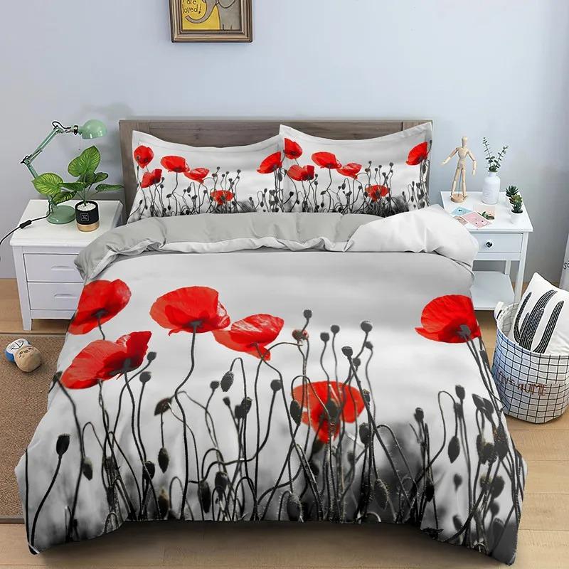 Red Floral Duvet Cover Poppy Flowers Print Comforter Cover for Girls Teens Flower Bedding Set Botanical Branches Bedspread Cover