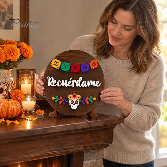 Dia De Los Muertos Decoration Sugar Skull Plate for Day of Dead, Wooden Round Dish with Tabletop Display Stand, Floral