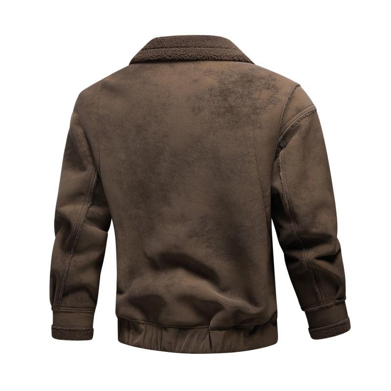 Integrated Fur Suede Plus Velvet Leather Jacket for Autumn and Winter Men's Retro Lapel Motorcycle Jacket Woolen American Jacket