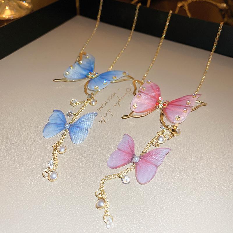 Tulle Butterfly Necklace Pearl Charm Tassel Chain Necklace Vintage Party Jewelry Women Girl Gift