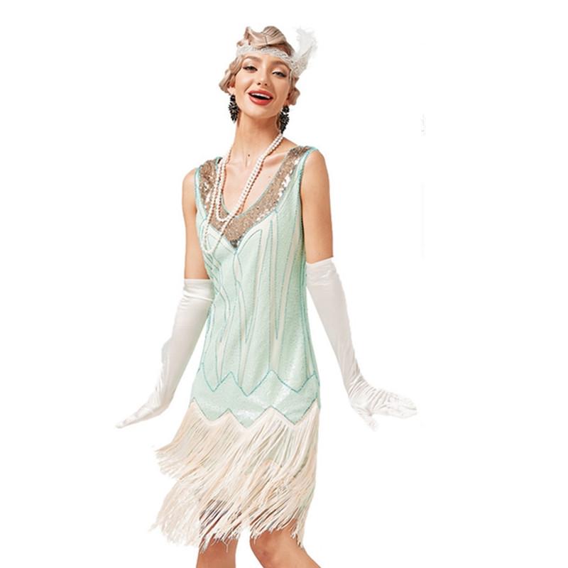 1920s Retro Sequin Tassel V-Neck Evening Gown for Women 2XL светло-зеленый