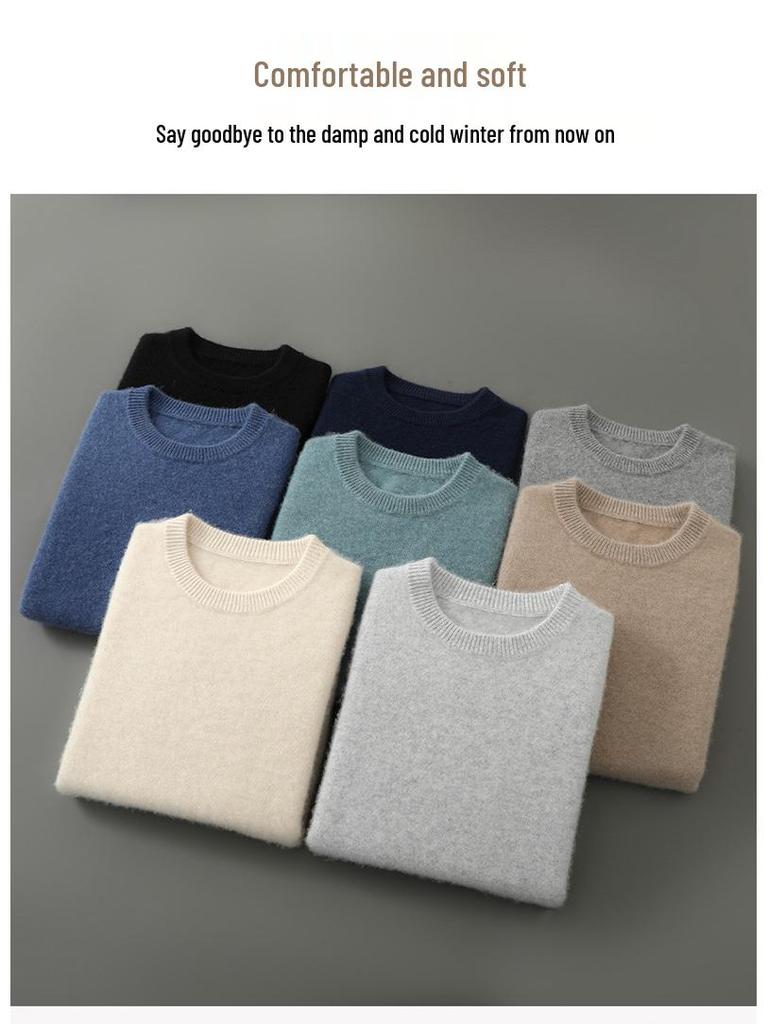 Herren-Pullover aus reiner Wolle, dick, mit Rundhalsausschnitt für Herbst/Winter - Lässig, Warme Strick-Basisschicht