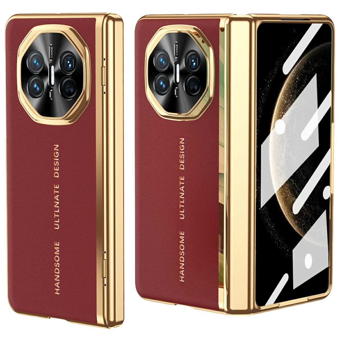 

Чехол для Huawei Mate X6 из ПУ кожи+ПК с гальваническим покрытием, чехол для телефона с защитной пленкой из закаленного стекла Red