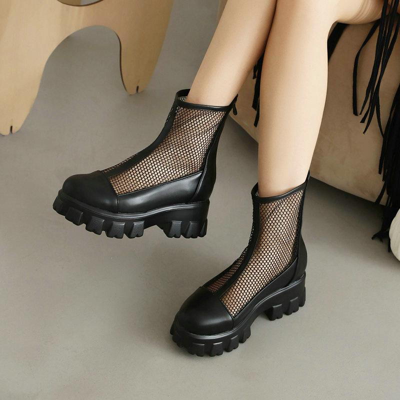 Women Ankle Boots Platform Chunky Heels Ladies Mesh Net Short Boots