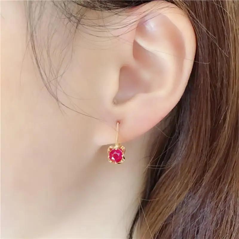 Classic Trend Red Gem Earrings for Women Long-style Copper Plated Rose Gold Vintage Fine Earings Zircon Copper Plated Rose Gold