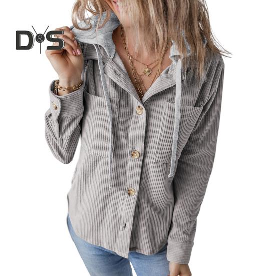 Весна Осень Женская рубашка с лоскутным капюшоном и нагрудными карманами, однобортная, свободная, с длинными рукавами, однотонная, в полоску, повседневная, школьная XL светло-серый