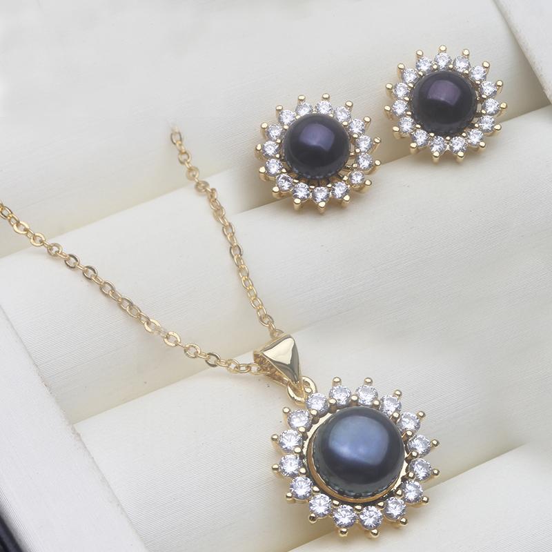 

Real Natural Freshwater necklace and earring set woman,Bridal Cute 925 silver Pearl Set Wife Mother Birthday Gift White Black