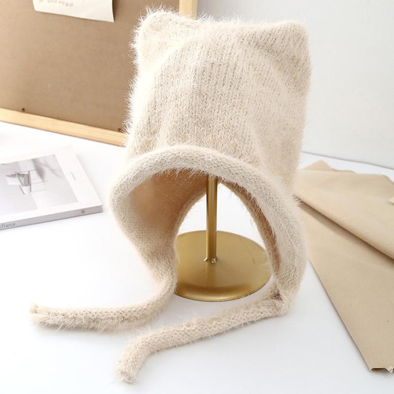New Rope Cute Cat Ears Knitted Hat Autumn and Winter Warm Ear Protection Hat Fashionable Face Small Wool Hat