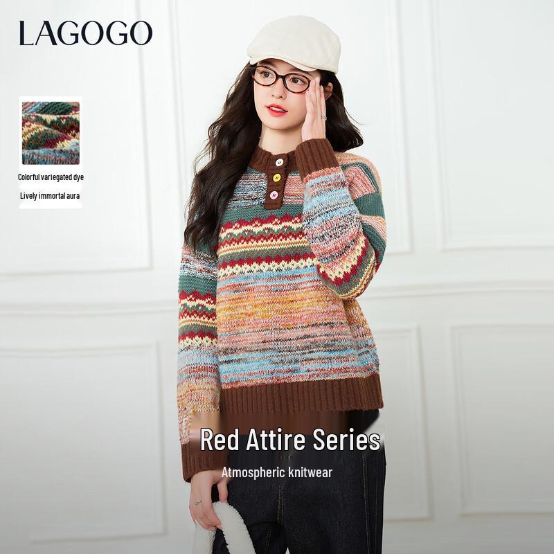 LAGOGO Women s Colorful Henley Knit Sweater L