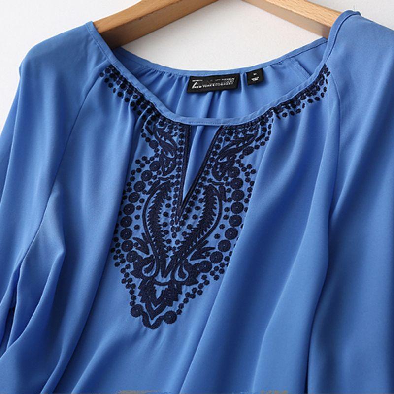 Foreign Trade Export Plus size women clothing V-neck Hollowed out Ethnic Embroidery Loose Slimming Chiffon Shirt Spring Pullover Shirts