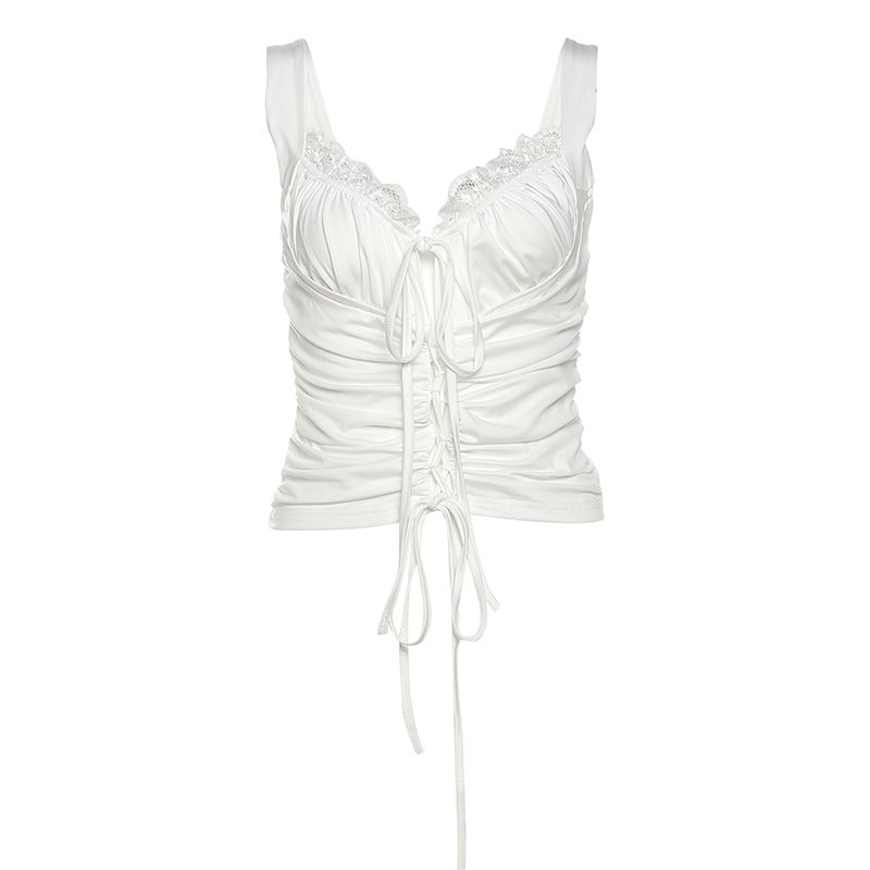 

# Sisjuly# Чайное платье в стиле чистого желания с плиссировкой, ажурный топ на бретелях, нерегулярная шнуровка, универсальный комплект короткого платья для женщин White sling(K25L65207) L