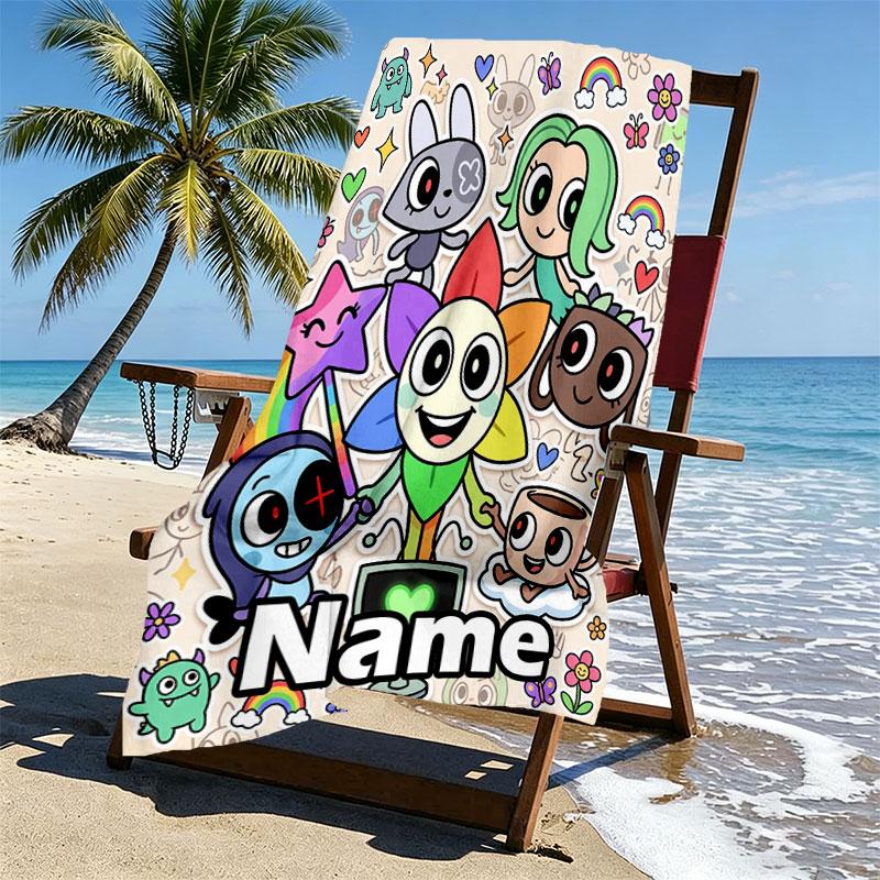 Custom Name Personalized Dandy's World Print Beach Towel, for Trip Camping Beach Party Home Decor, Birthday Gift for Family & Friends