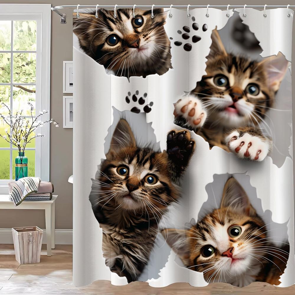 1pc Creative and Interesting Cat with Holes Shower Curtain Bathroom Curtains With Hooks,Printed Curtain Home Decoration Curtain