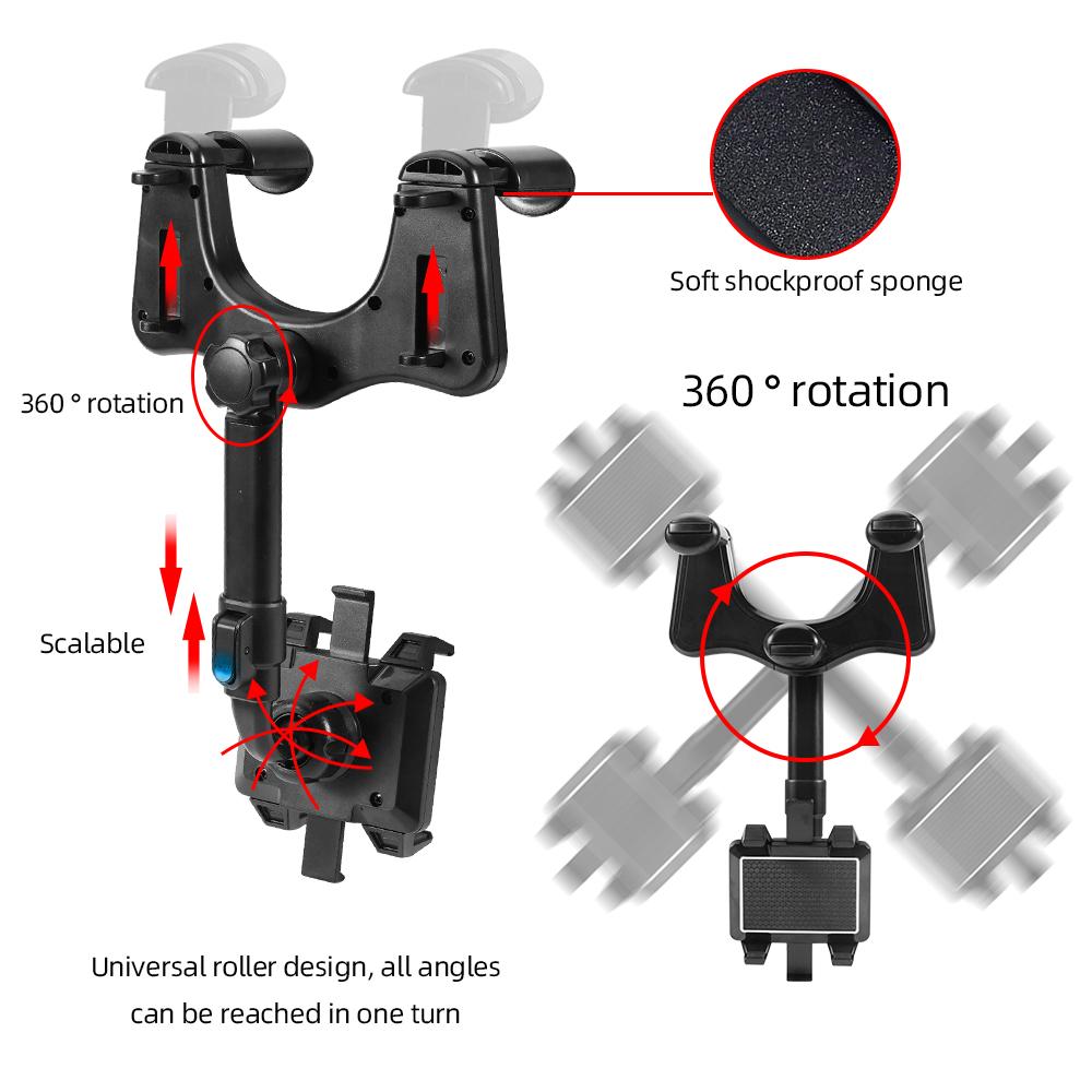 360° Car Rearview Mirror Mount Phone Holder Universal Vehicle Mount Phone GPS Holder Rotating Adjustable Telescopic Phone Holder