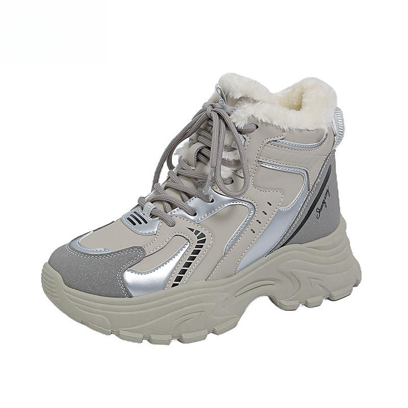 Women High Top Cotton Shoes 2026 Winter New Plush Thicken Platform Sneakers Outdoor Non Slip Lace Up Height Increase Warm Shoes