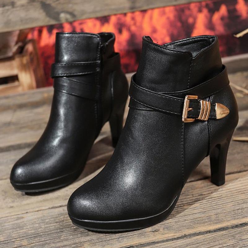Fashion Fashion Pointed Toe Ankle Boots Women Autumn Winter Black Super High Heel Boots for Woman Buckle Detor Zipper Up Booties Ladies