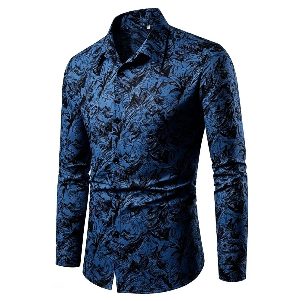 Men's Retro Plant Leaf Printed Long Sleeved Shirt with Slim Fit Collar Trend Shirt, Daily Party Casual Men's Top