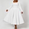 Women Elegant Party Dresses Square Neck Long Sleeve High Waisted Pleated A Line Mid Calf Luxury Birthday Dress Robe