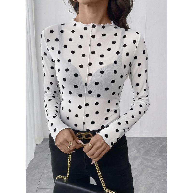 Women Sheer Polka Dot Mesh Half High Neck Long Sleeve Sexy T Shirt Top