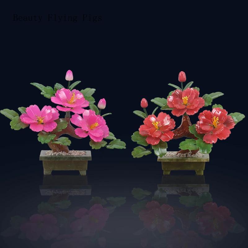 23X10X21CM Chinese Creative Natural Jade Peony Flower Bonsai Decoration Home Living Room Jade Carving Crafts