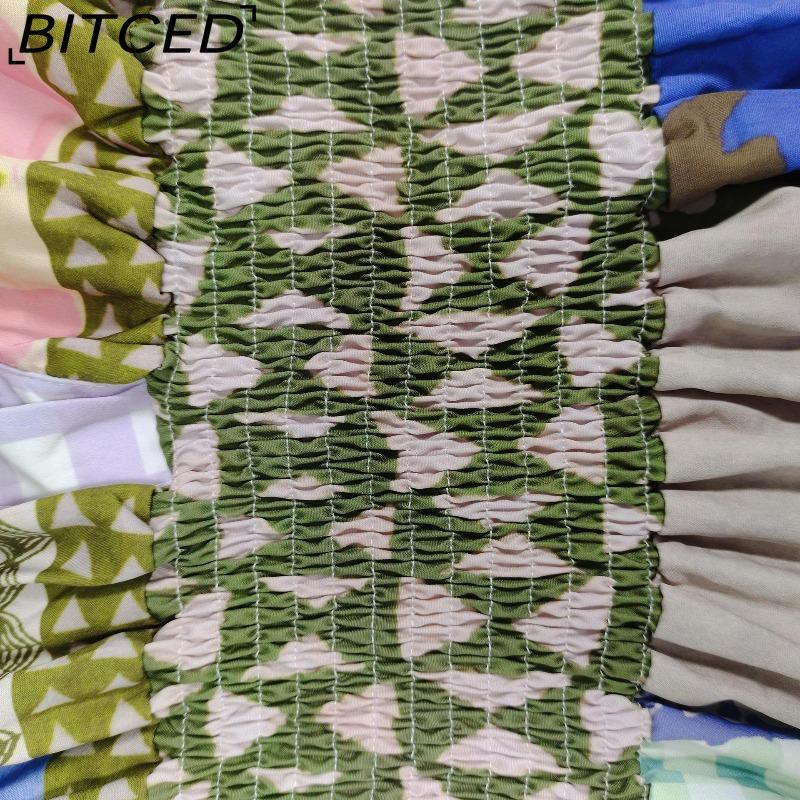 BITCED Women's Spring Elegant Commuter Print Lantern Sleeve Waist-cinched Full-skirted Dress