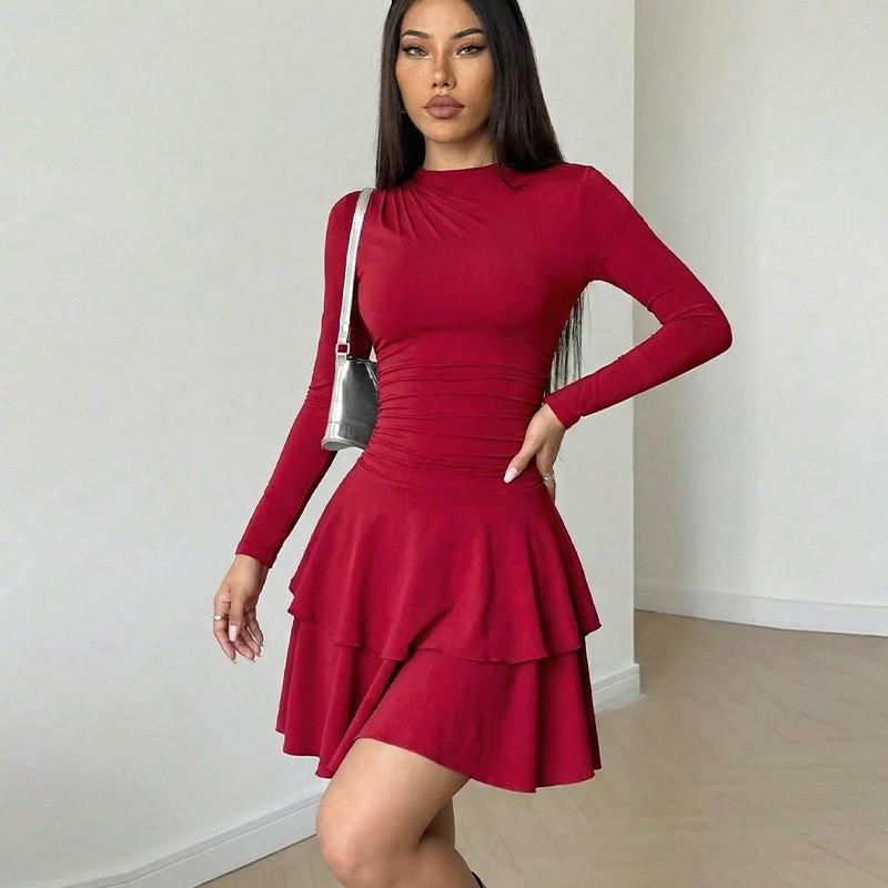

European American Fashion Slim Long-sleeved Dress Hot Girl Ruffled Middle Skirt Female S