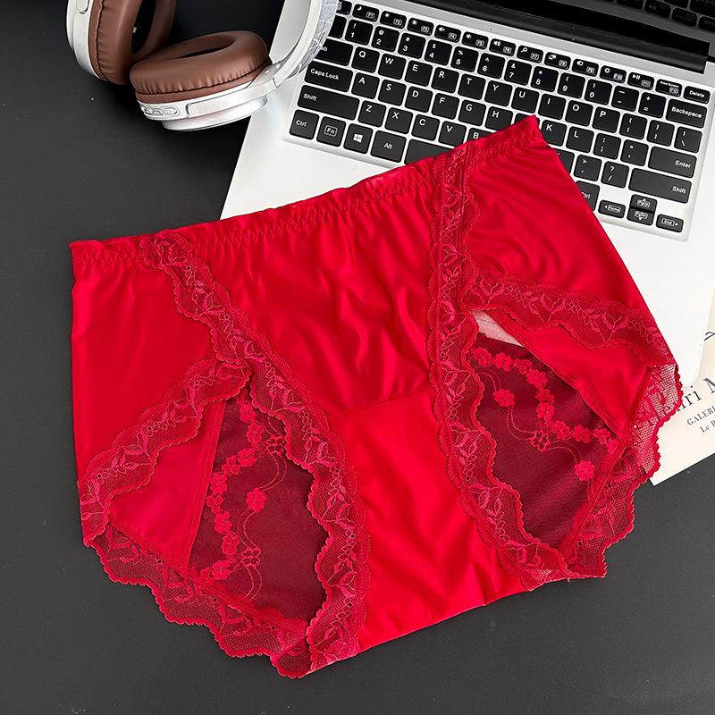 Plus Size Ladies Summer Thin Sexy Lace Bow Translucent Cotton Crotch Triangle Briefs