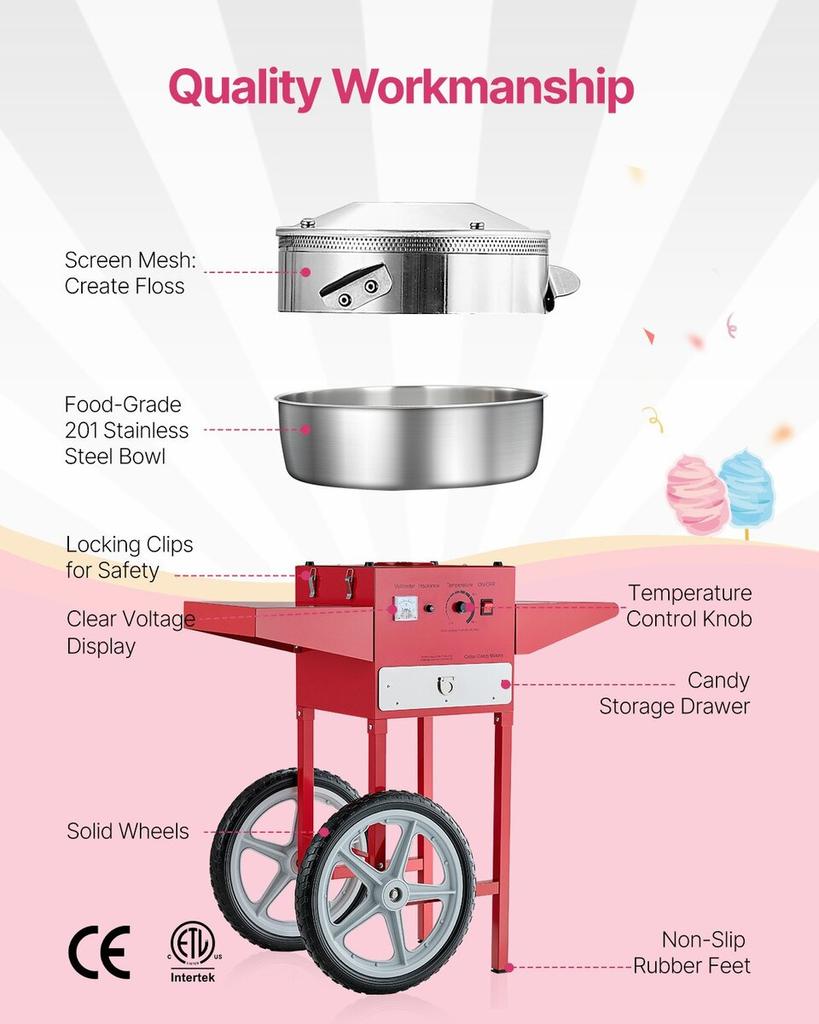 Commercial Cotton Candy Machine with Cart Sugar Floss Maker 1000W Red