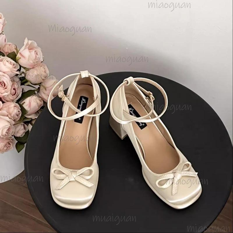 French Satin Bow Chunky Heel Mary Jane Shoes for Women Elegant Ankle Strap Square Toe High Heeled Pumps Ladies Lolita Shoes