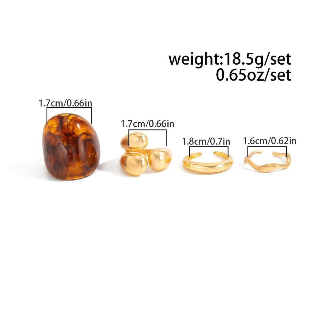 Salircon 5 Pcs/Set New Vintage Trendy Large Finger Rings Women Exaggerated Amber Color Resin Temperament Geometric Ring Jewelry