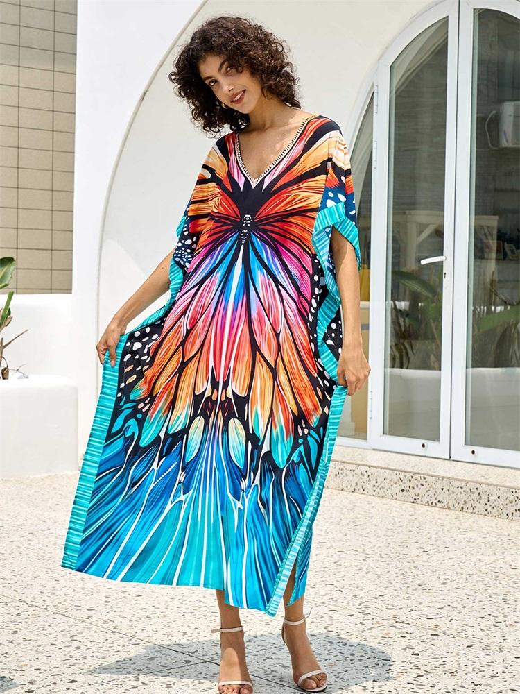 EDOLYNSA Boho Butterfly Print V-neck Plus Size Kaftan Women Vacation Beach Dress 2025 Summer Swimwear Cover Up Loose Cozy Homewear Q1674