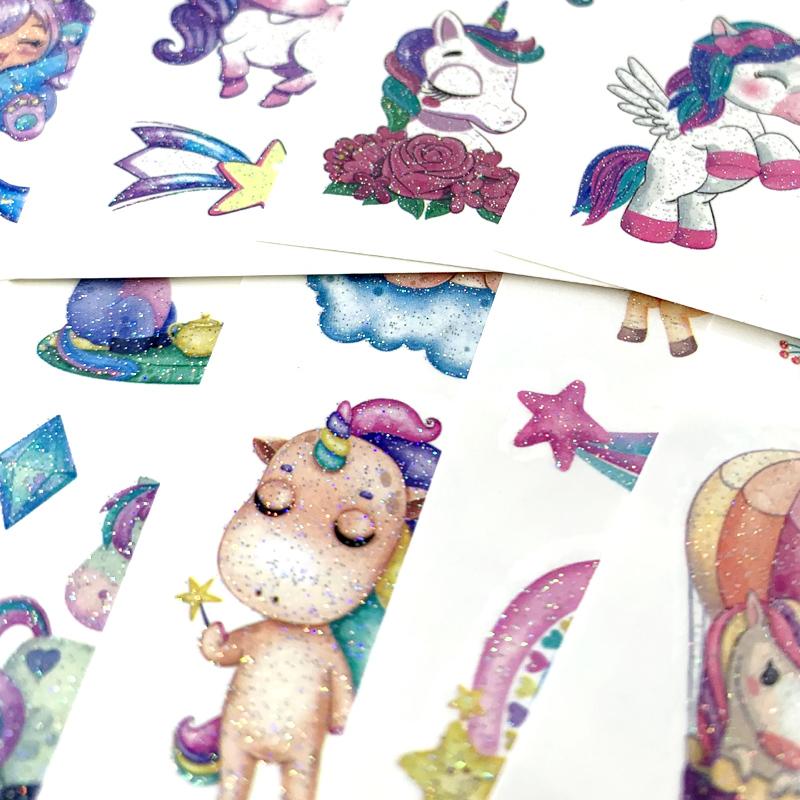 10 Fogli/Set Tatuaggi Adesivi Colorati con Polvere Glitterata Cartone Animato Animale Unicorno Principessa Veicolo Tatuaggio Temporaneo Finto per Bambini