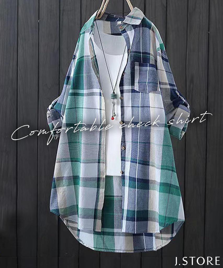 J.STORE Women's Long-Sleeved Check Shirt, Casual, Lightweight, Perfect for Spring and Summer, Beige, Size 5S-J02-BEL