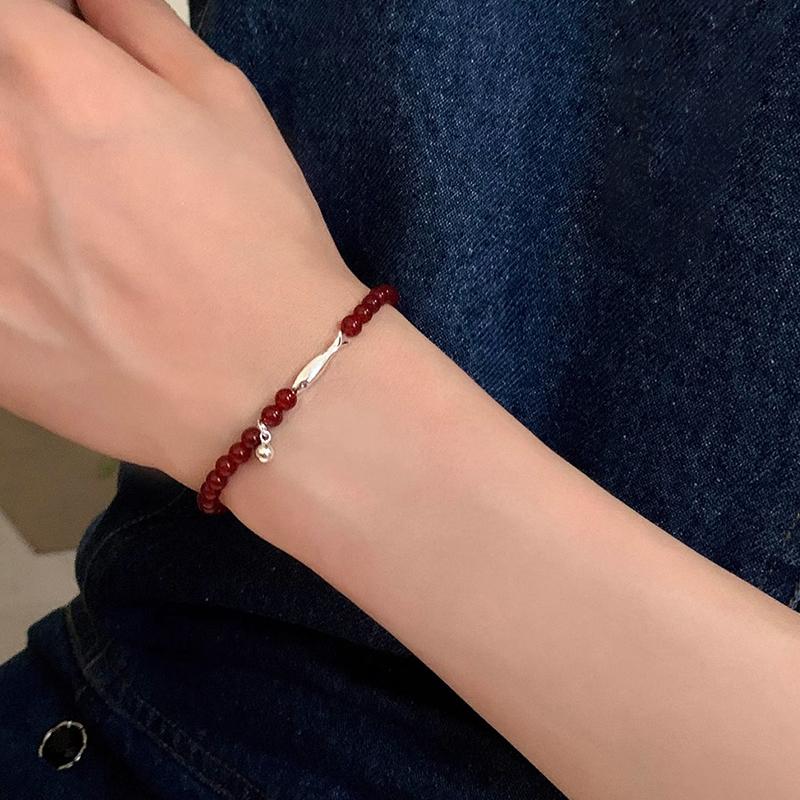 PANJBJ 925 Sterling Silver Red Agate Bead Bracelet for Women Fish Shape Retro Bead Design Versatile Jewelry Gifts Dropshipping