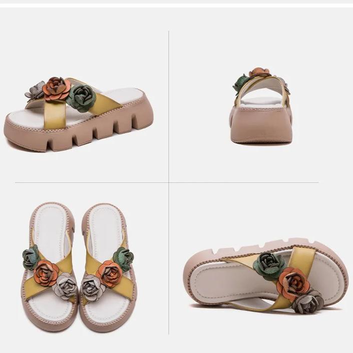 Johnature Handmade Flower Retro Women's Peep Toe Shoes Lightweight Thick Soled Genuine Leather Outdoor Slippers