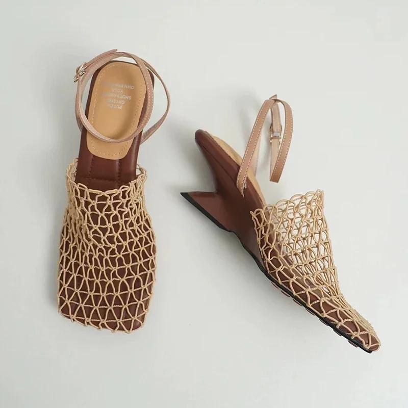 Fashion Designer Mesh Women's Sandals Fashion Square Toe Heeled Shoes Summer Slippers 2025 Elegant Flip Flops Dress Mujer De Sandalias